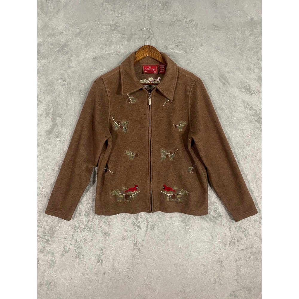Holiday Lodge Fleece Jacket Sz S Brown Cardinal Embroidered Pine Cones Nature